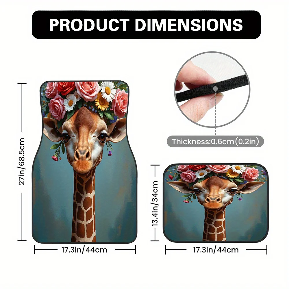 4pcs Vehicle Floor Mats Featuring Easy Maintenance Surfaces And Giraffe Floral Portrait Motif, Suitable For Minivans Or Sedans,