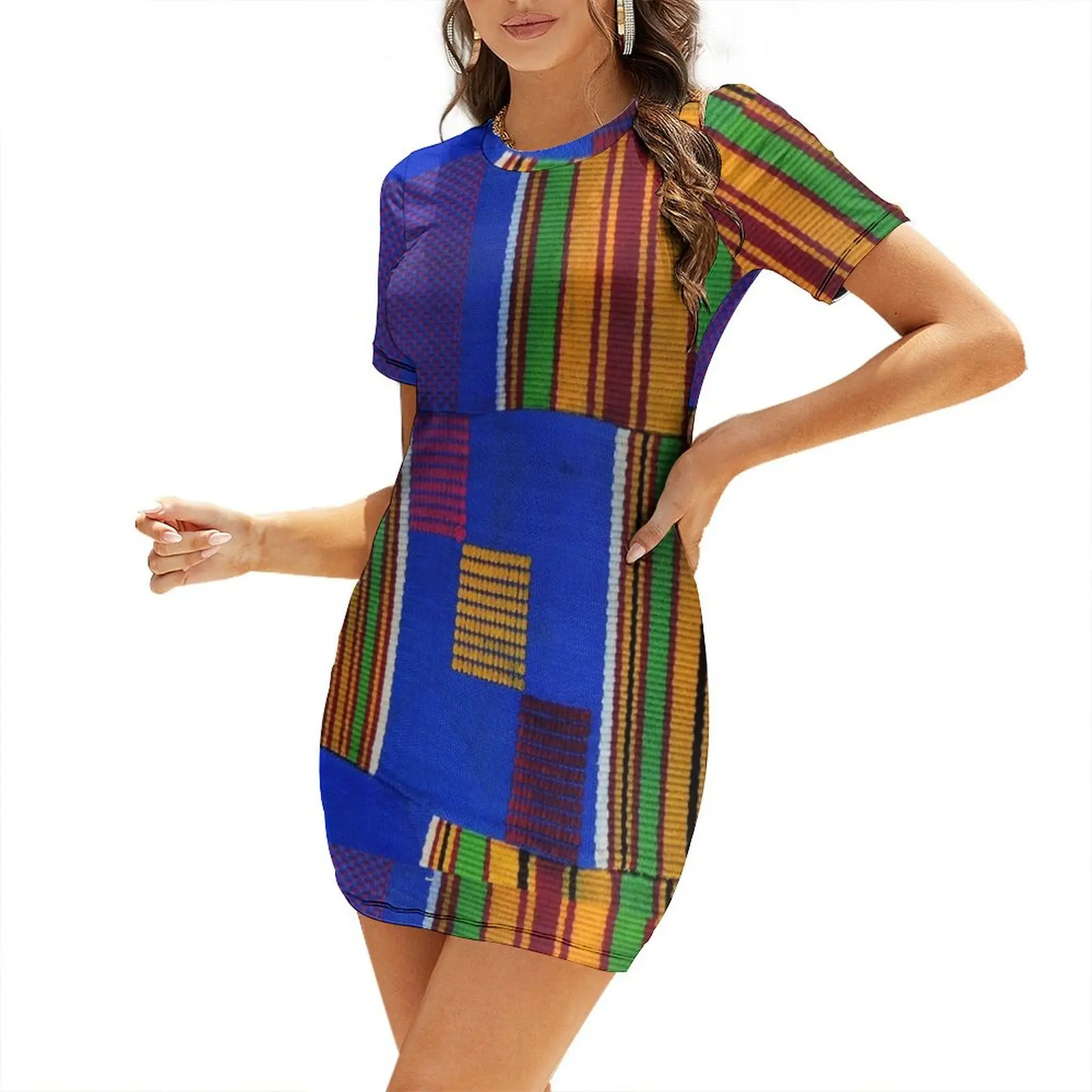 Kente Cloth Ghana West African Print Short Sleeved Dress Summer women's clothing women dress