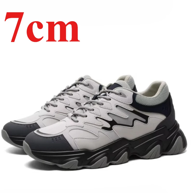 Outdoor Height-increasing Shoes for Men's 7cm Casual Sneakers Elevator Shoes Leather Fabric Comfortable Thick Soled Sports Shoe