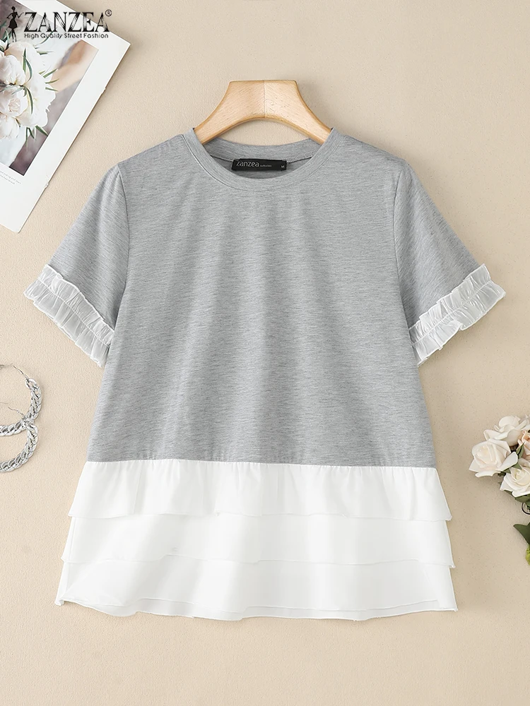 

Women Patchwork Lace Tunic Solid Color Tops Short Sleeve O Neck Pullovers ZANZEA 2025 Casual Loose Blouse Fashion Blusas S-3XL