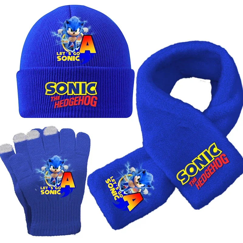 

3PCS Soniced Children's Knitted Hats Scarves Gloves Winter Warm Cold Resistant Bean Hat Cute Cartoon Pattern Set Christmas Gift
