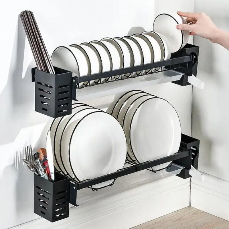 

2023 New Dish Drainer Suspended Wall Drying Rack Kitchen Sink Organizer Bowl Plate Tableware Storage Shelf with Cutlery Holder