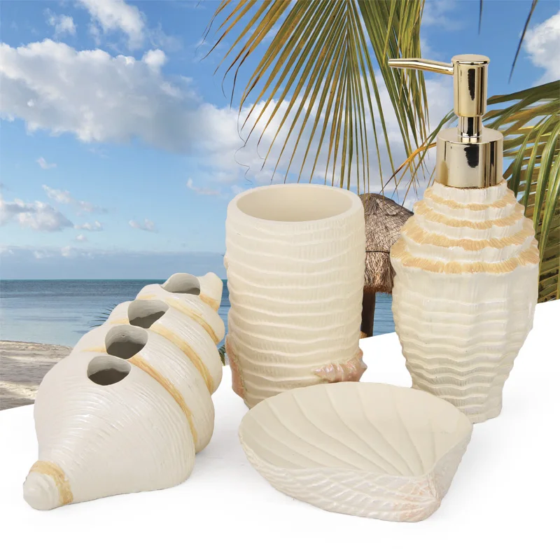 Beach Shell Shape Bathroom Accessory Set Resin Soap Dispenser Toothbrush Holder Tumbler Soap Dish Mouthwash Cup Bathroom Decor