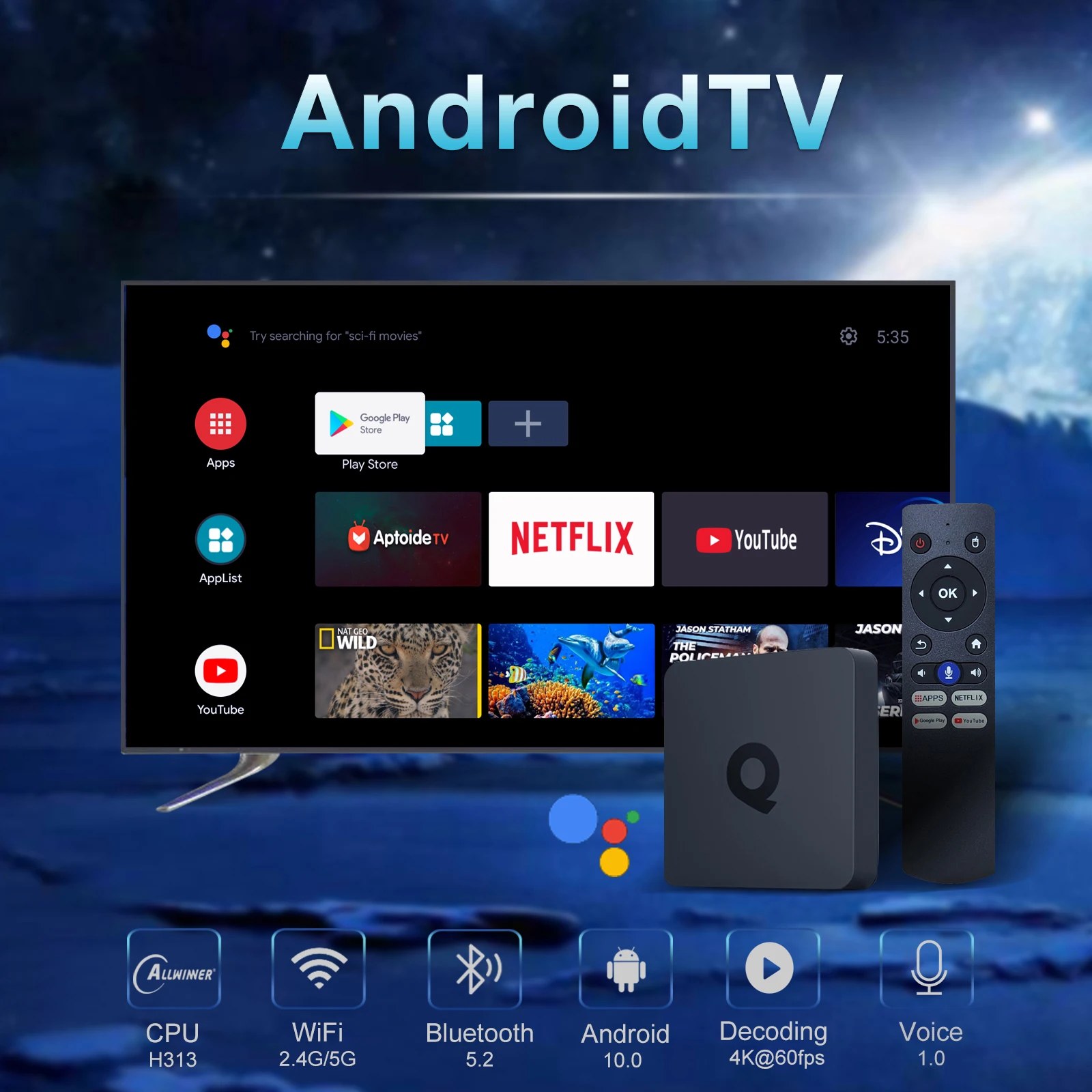 Imagem -02 - Atv Smart tv Box Android tv 10 Conjunto Top Box Allwinner H313 2gb 16gb 8gb Google Controle de Voz Dual Wifi Bt5.2 4k q1