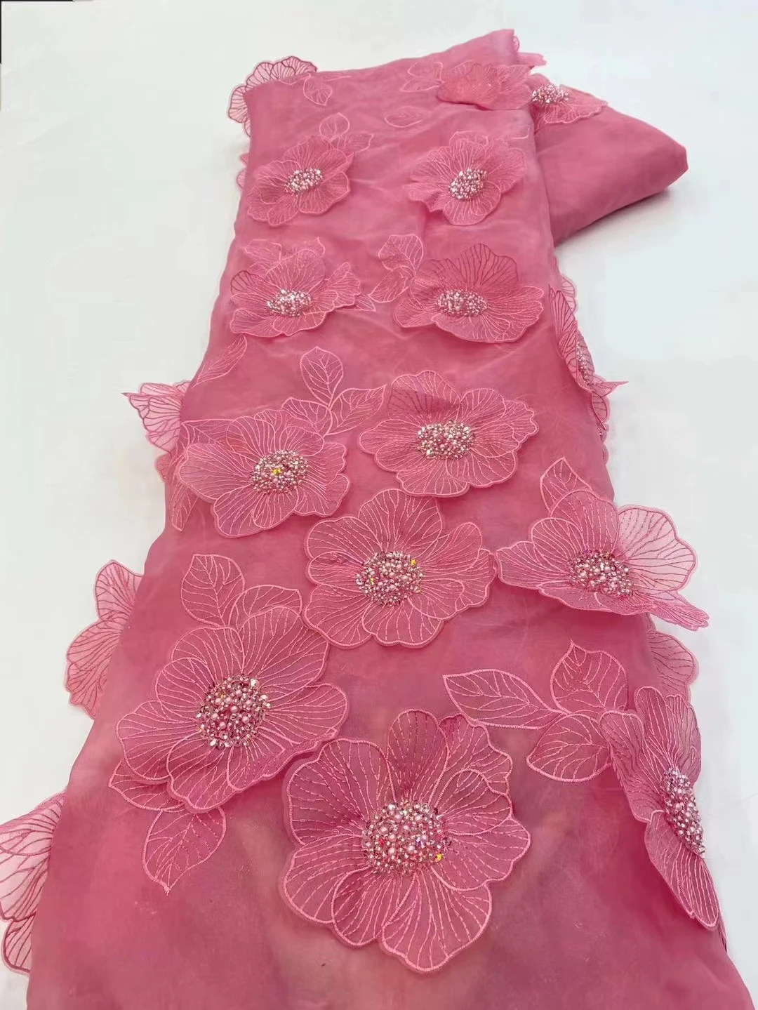 2023 Latest Luxury Pink 3D Beaded Nigerian Tulle Lace Fabric African French Sequins BeadsTulle Lace Fabric For Party PXX23145