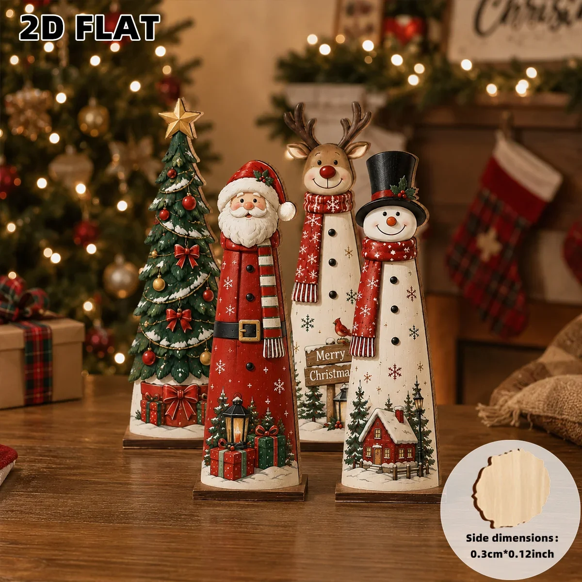 2D Flat, 4pcs Christmas Wooden Decorative Plaques, Party Decorations, Perfect Holiday Gift, Desktop Office, Home Decor Ornaments