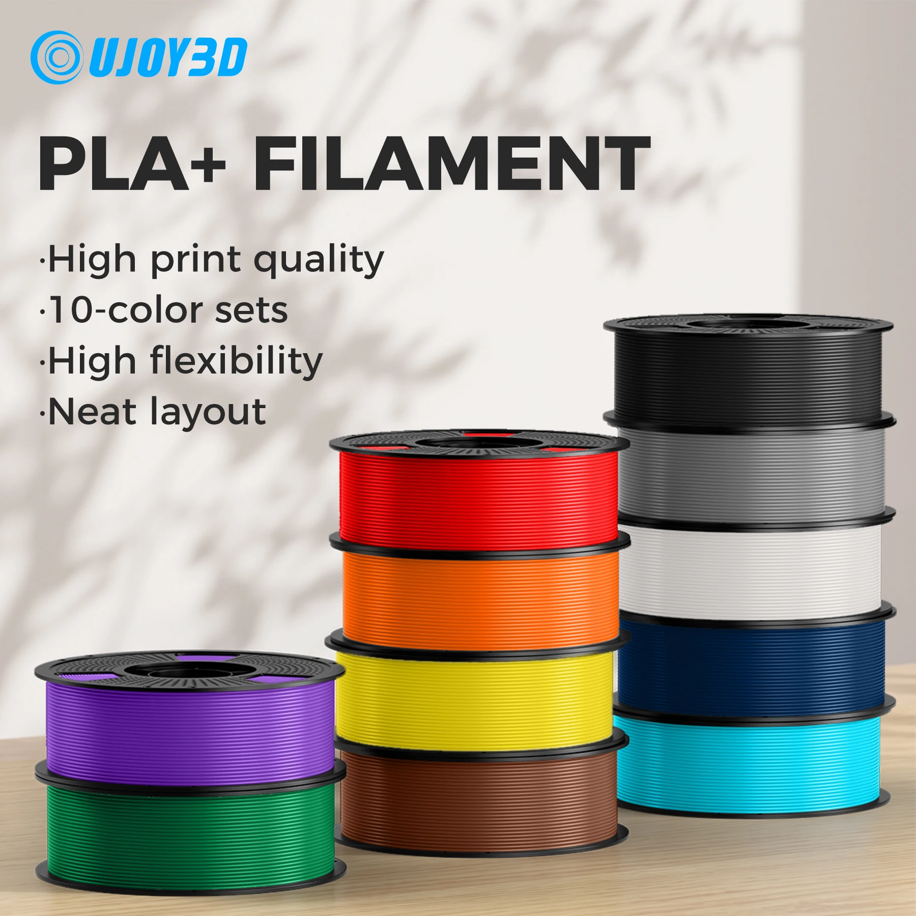 UJOY3D 10kg Hyper PLA PLUS 3D Printer Filament Bundle, Upgraded PLA+ Filament 1.75mm, 1kg Spool 10 Pack, Black+Cream White+Grey+Red+Cobalt Blue+Green+Christmas Green+Orange Yellow+Coffee Brown+Iris Purple