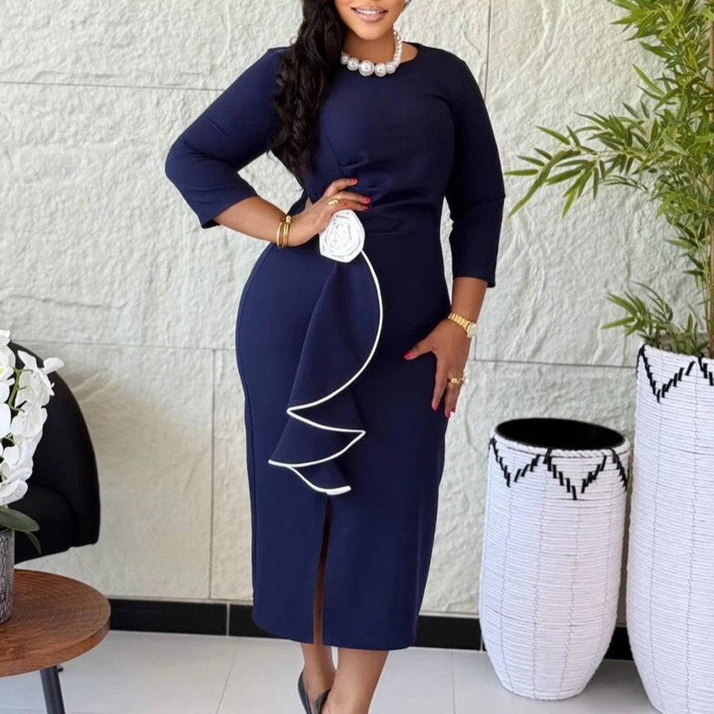 Vestidos elegantes de igreja para mulheres, manga longa, colorblock, flor 3d, babados em camadas, africano, outono 2025, roupa de festa de casamento feminina