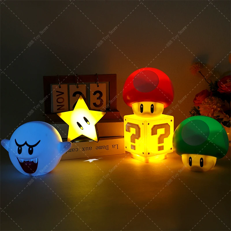 Mario Night Light with Music Toys LED Question Mark Block Mushroom Toad Boo Night Light Kids Bedroom Bedside Lamp USB Charging