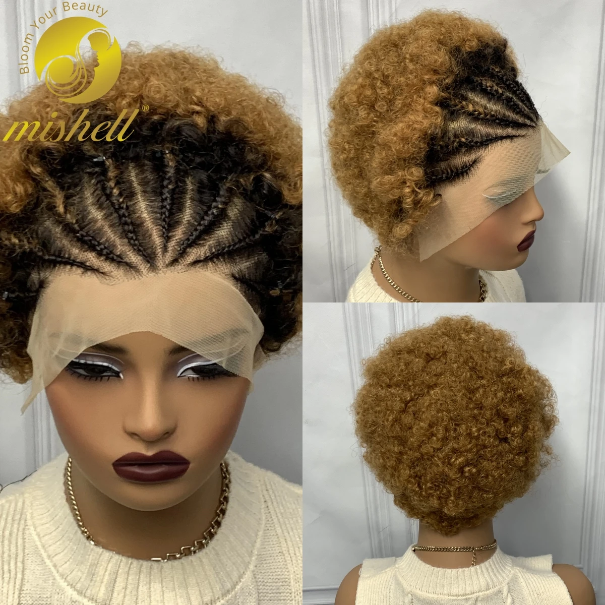 

200% Density Short Curly Bob Wigs 6 inch Afro Kinky Curly 13x4 Transparent Lace Human Hair Wigs with Braids for Women PrePlucked