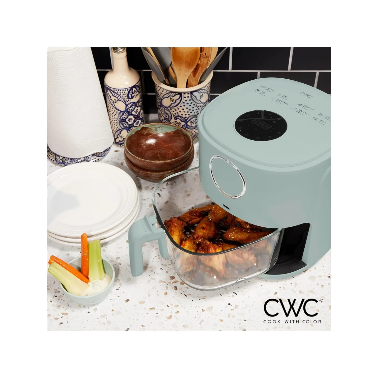 Colorful 1200W 4Qt Air Fryer: Glass Basket, Dishwasher Safe, 60min Timer, 6 Presets, Temp Control 175F-400F, 4 QT, Sage