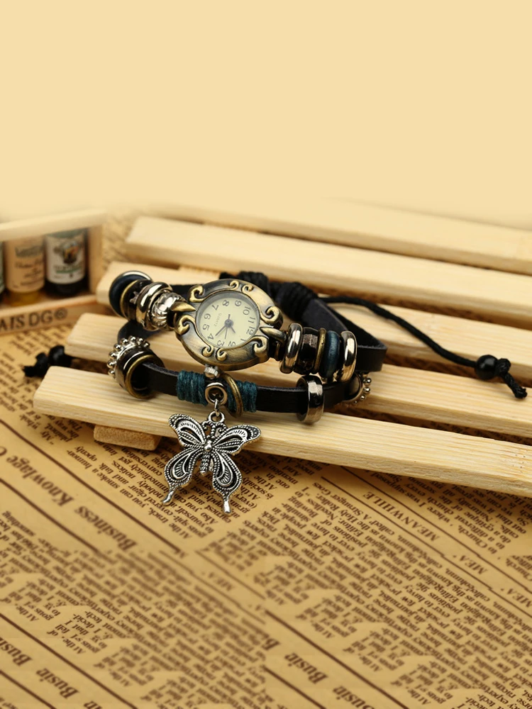 Vintage Women's Quartz Watch - Metal Butterfly Pendant Adjustable Length Bracelet
