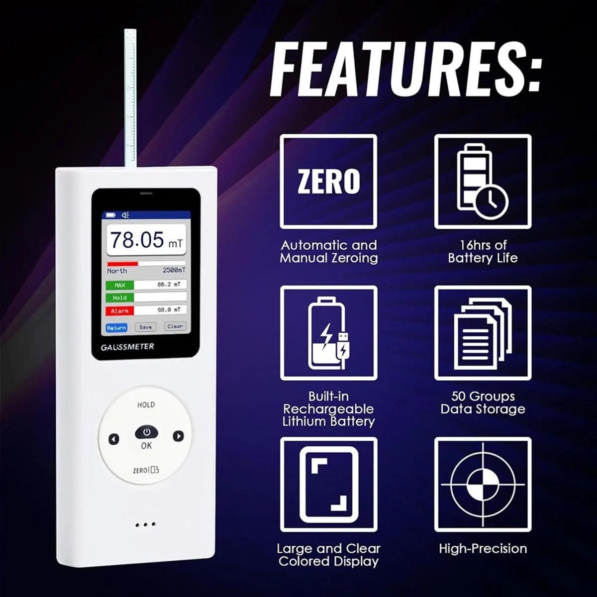 Professional Magnetic Field Tester with 0-25000 (0-2500 MT) Range, Data Storage for Magnets Motors & Industrial Use