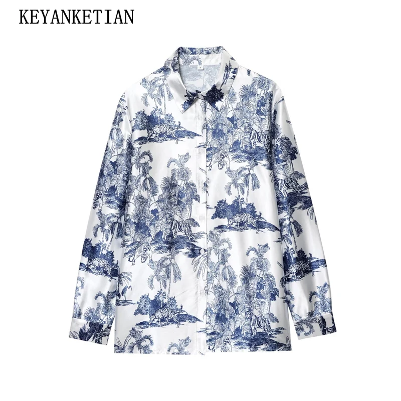 

KEYANKETIAN 2025 Autumn New Women's Leaves Print Satin Shirt Retro style Single Breasted Long Sleeve Loose Blouses Vintage Top