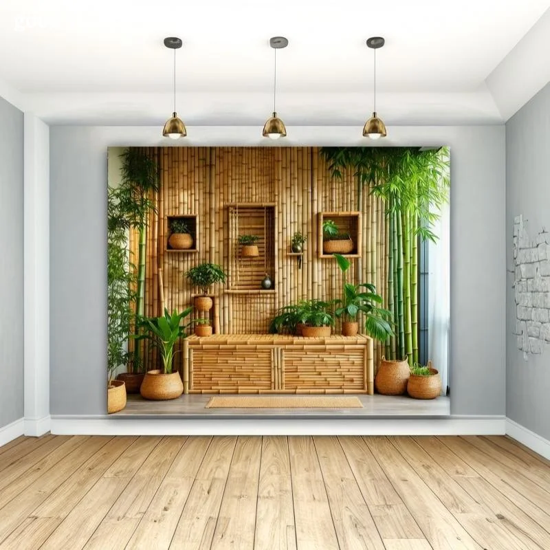 Answer1Pc Tropical Photo Background Banner Realistic Bamboo And Lush Green Plant Design Durable Polyester Fiber