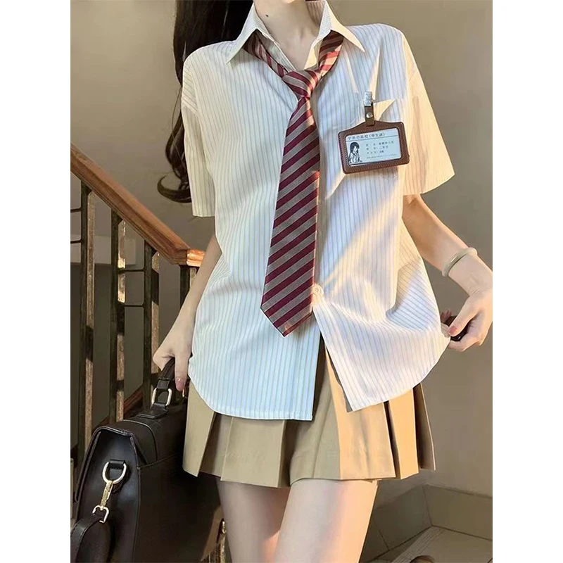 Uniforme JK de Style Preppy Japonais pour Femme, Ensemble 3 Pièces, Chemise Rayée à Manches Courtes, Jupe Plissée Trempée, Nouvelle Mode d'Étudiante, Été