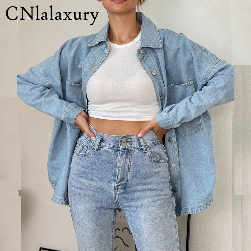 CNlalaxury 2023 Woman Spring Denim Shirt Coat Women Long Sleeve Pocket Cardigan Streetwear Jacket Harajuku Cowboy Outerwear