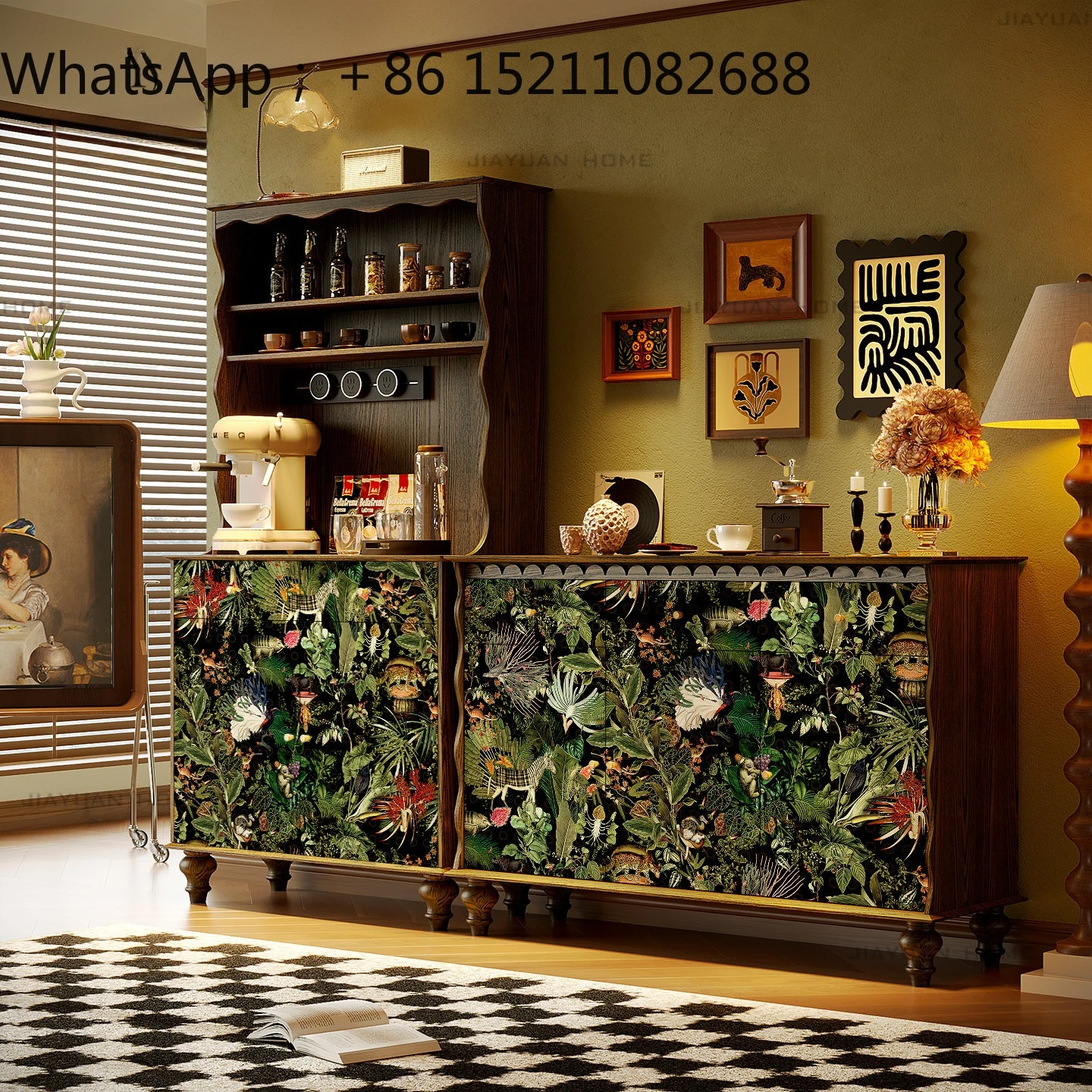 LLY wavy edge painted solid wood high dining side cabinet living room retro old coffee water bar storage cabinet