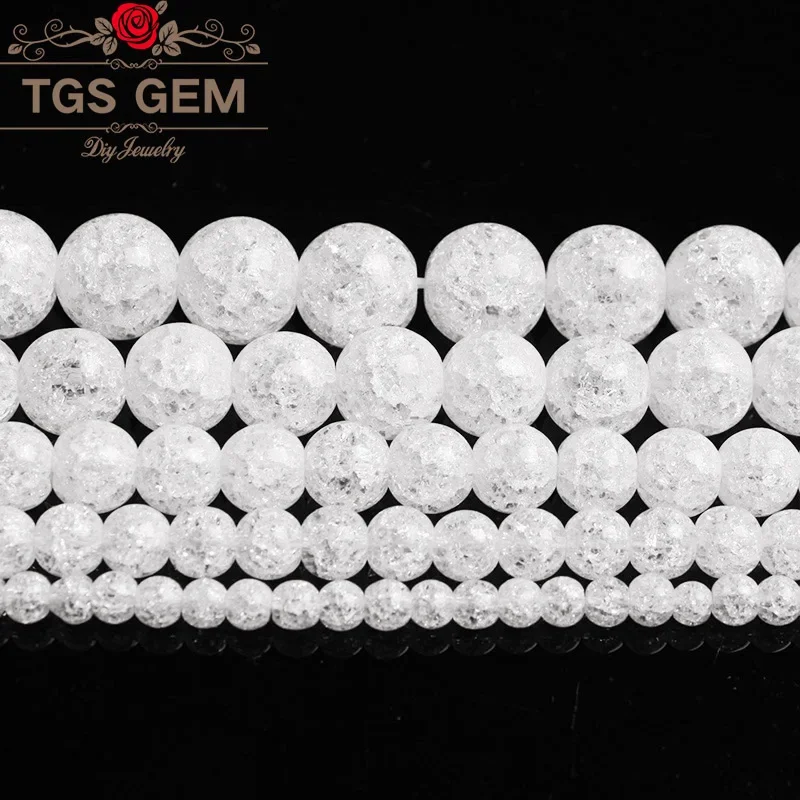 TGS GEM Natural White Snow Cracked Crystal Stone Beads 4 6 8 10 12 14 16 18 20 mm For Fit DIY Bracelet Necklace Jewelry Making