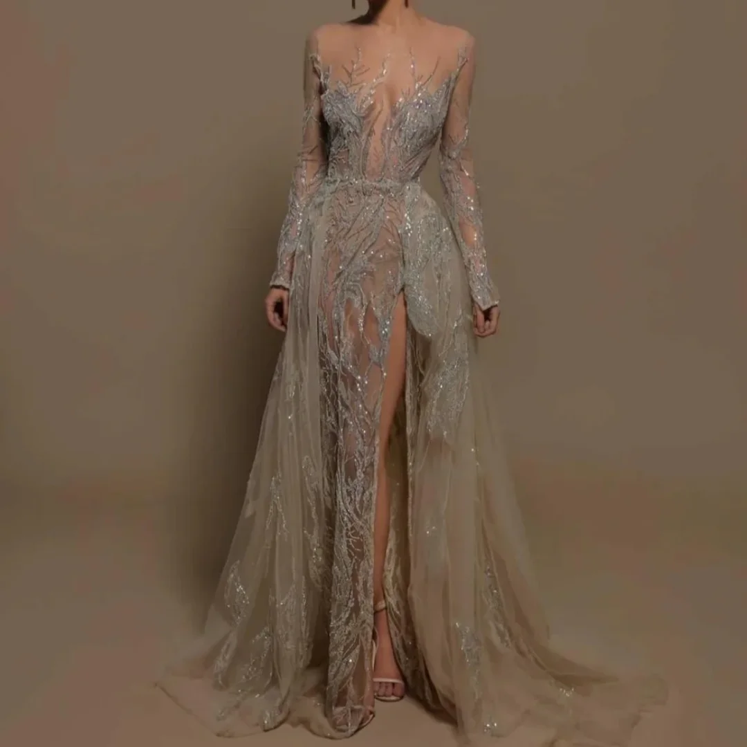 

Блестящее платье для выпускного вечера с круглым вырезом и съемным иллюзией, коктейльное платье, вечернее платье с хвостом и бусинами по индивидуальному заказу