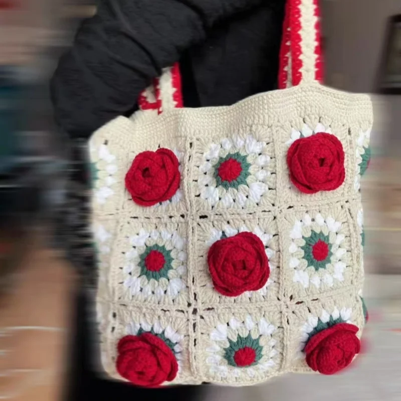 Sac à Bandoulière Camélia Tissé à la Main pour Femme, Sacoche à Fleurs Tridimensionnelles, Sac de Rangement avec Doublure, Shopping