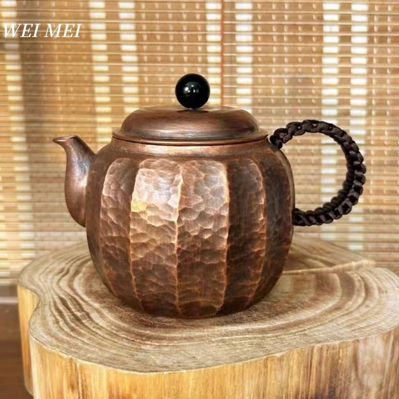 

Handcrafted Small-Sized Vintage Pure Copper Tea Pot,Brewing Coffee,Woven Handle Texture Unique Pumpkin Shape Gifts Pot Tableware