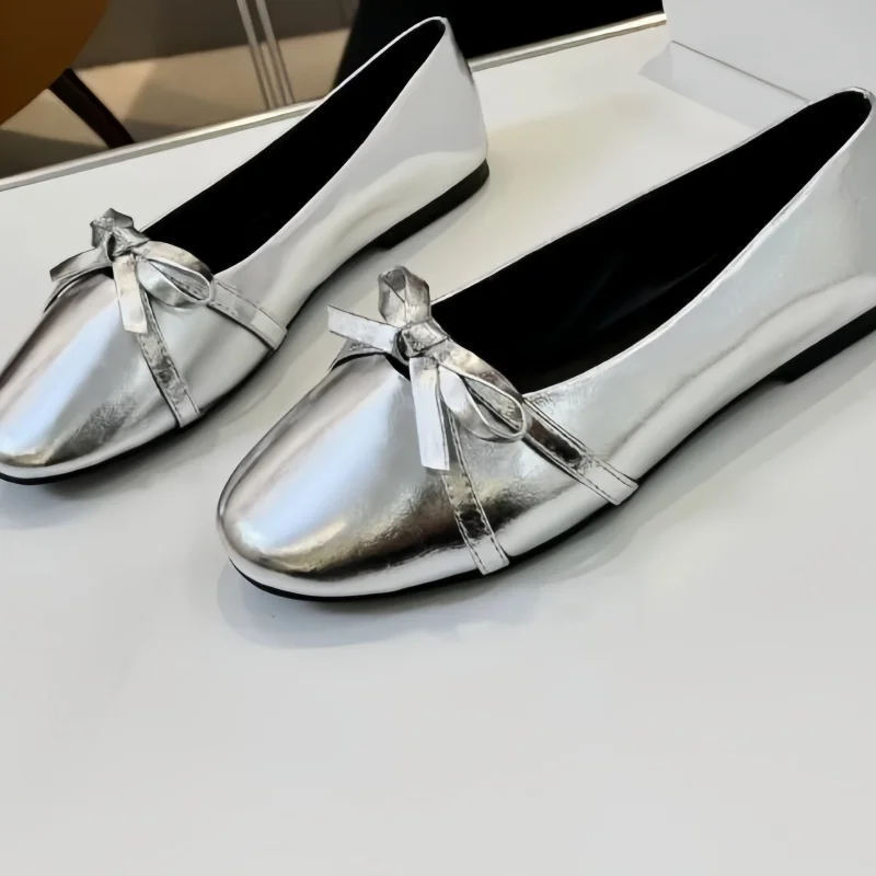

Butterfly-knot Shoes for Ladies Square Toes Flat Heels Sewing Lines Womens Leather Shallow Zapatos Mujer Solid Chassure Femme