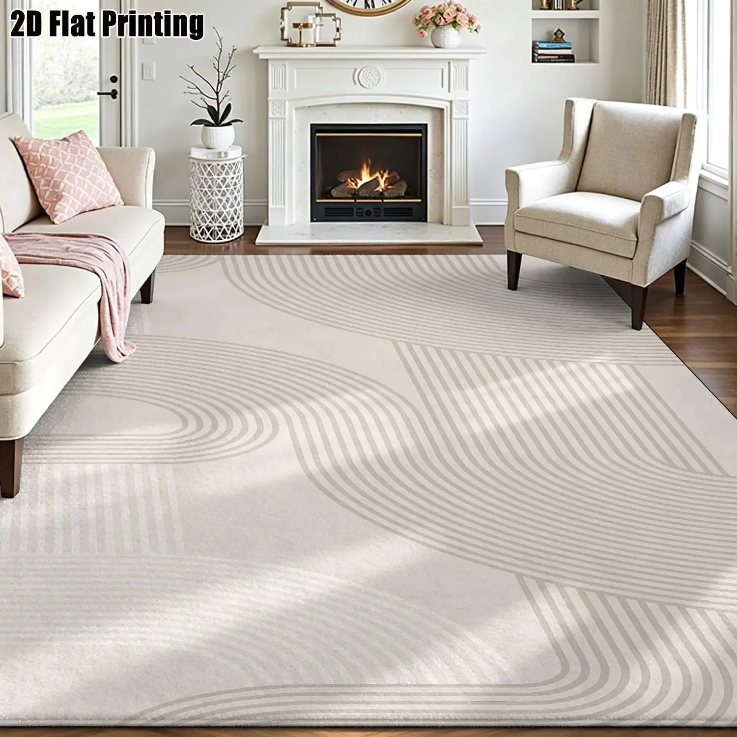 1Pc 2D Printed Light Beige Geometric Line Nordic Modern Minimalist Carpet, Home Decor, Multi-Size, Machine Washable, for Entrance, Dining Room, Foyer, Bedroom, Living Room
