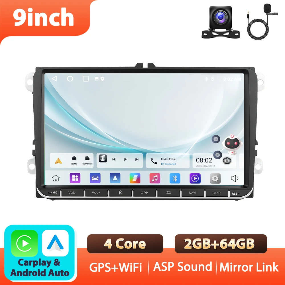 Podofo 9'' 6+128G autoradio voor VW/PASSAT/GOLF/POLO/BORA multimediaspeler Carplay Android Auto BT GPS WIFI RDS EQ FM autoradio