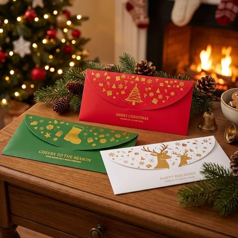 3pcs Festive Gold Foil Christmas Gift Envelopes Xmas Tree Elk Greeting Card Package 18x9cm Cash Envelopes Gift Giving