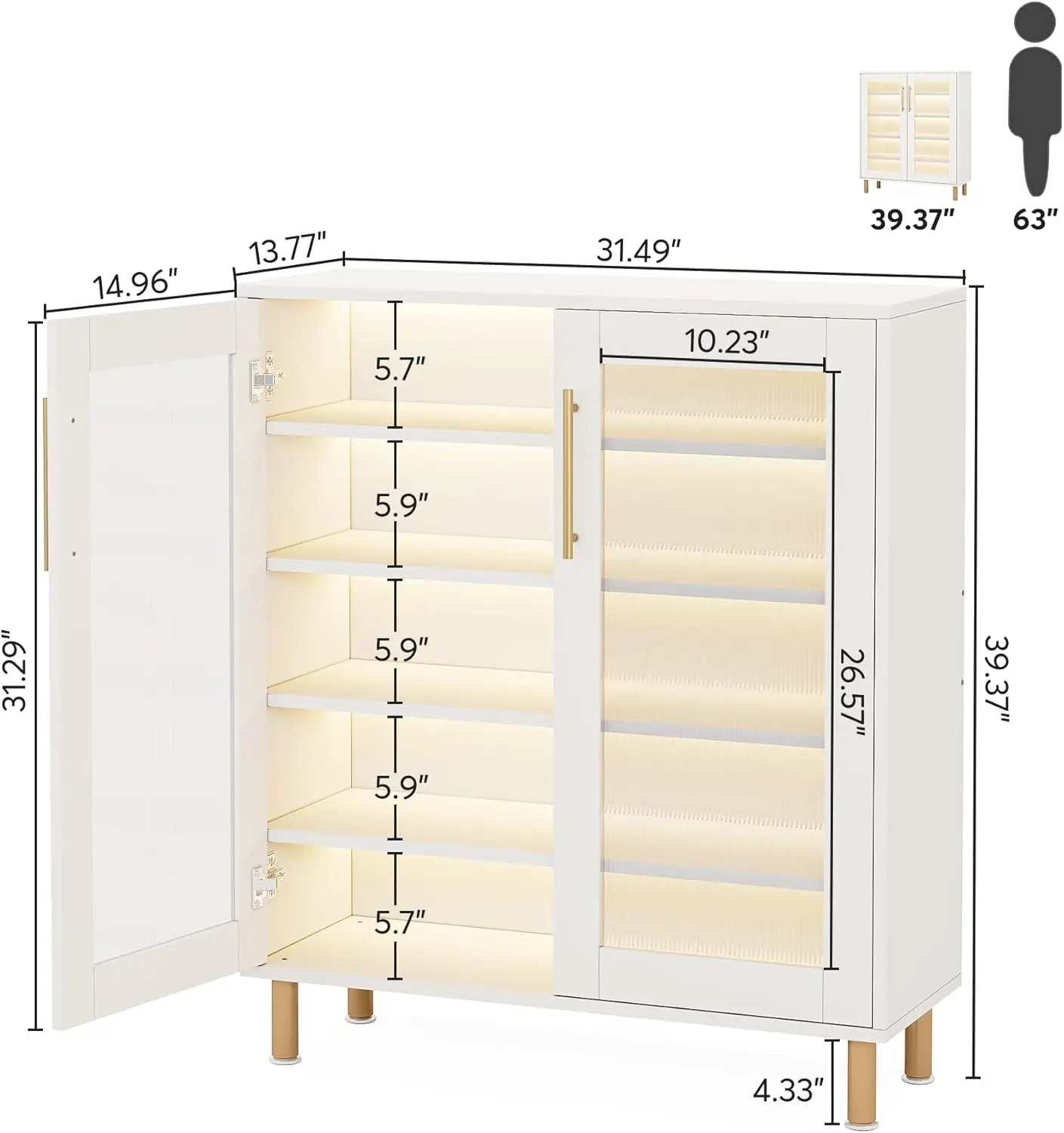 Shoe Cabinet with Acrylic Doors and LED Light, 24 Pairs Entryway Shoe Organizer Storage Rack with 5-Tier Adjustable Shelves