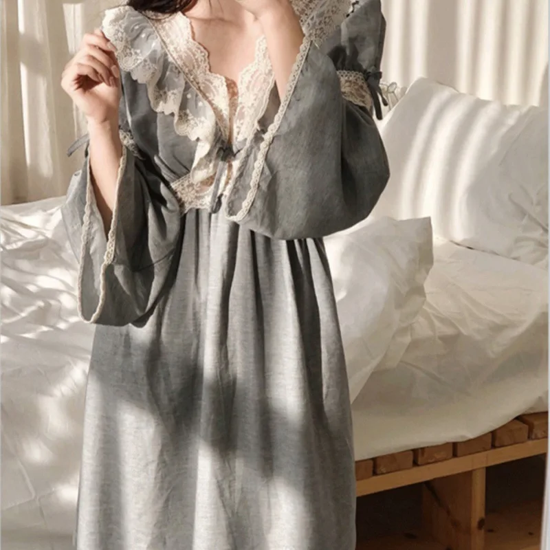 Vintage Nightgowns Women Autumn Lace V-neck Pajamas Dress Long Homewear Home Outside Casual Gray Loose Nightgown Sleeping Woman