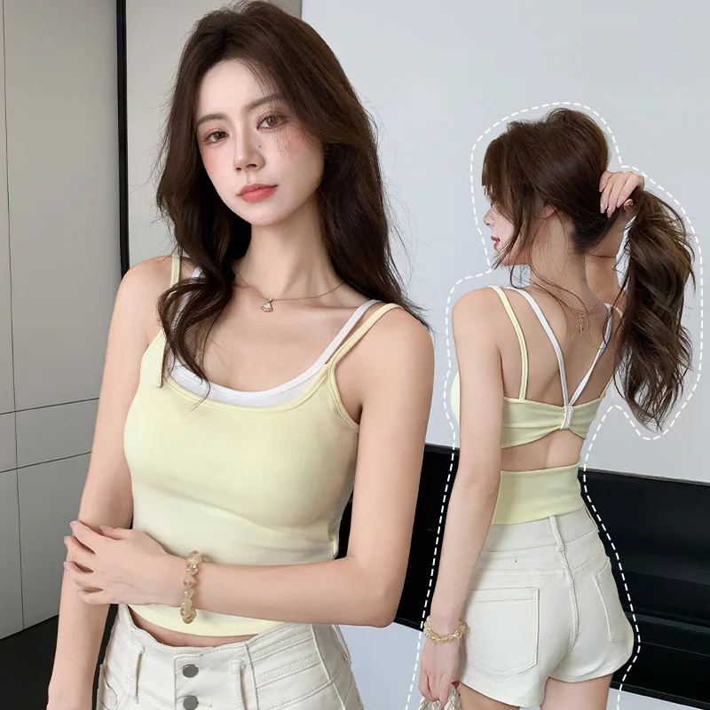 Women Fake Two Piece Tank Top with Chest Pad Viscose Slim Fit Sweet Fresh Summer Camisole Vest