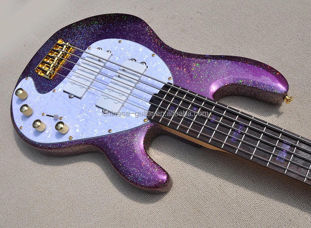 Flyoung 5 Strings Electric Bass Guitar Shiny Particles Purple Musical Instruments Rosewood Fretboard Bass Guitar