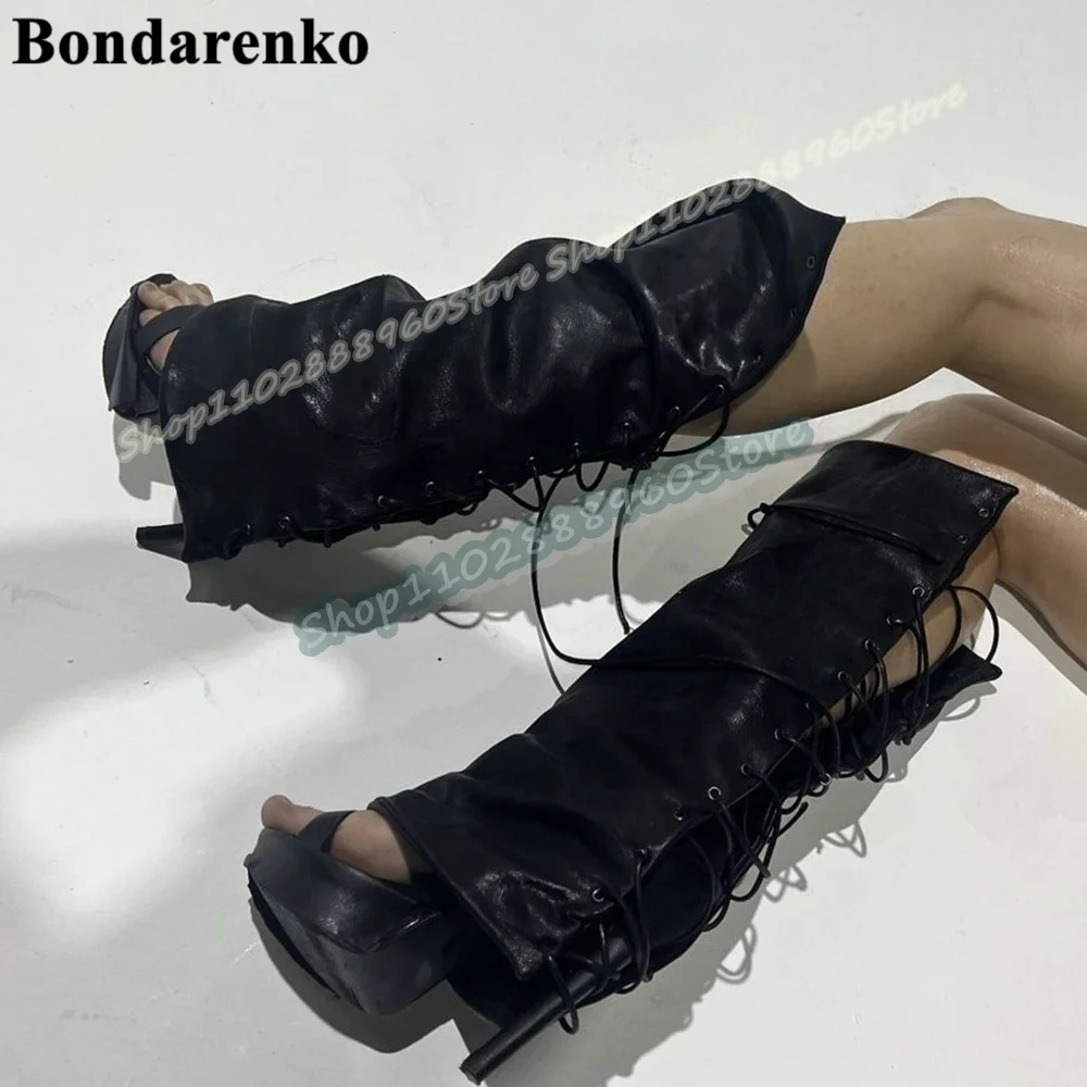 

Mid Calf Black Platform Cross Tied Sandals Thin High Heel Shoes For Women Cross Tied Open Toe Casual Trending Zapatos Para Mujer
