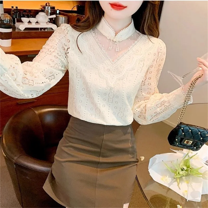 

Chinese Tshirt Women's T-shirt Stand Up Collar Blouse Hollowed-out Mesh Splicing Pullover Lace Tops Loose Female Tees