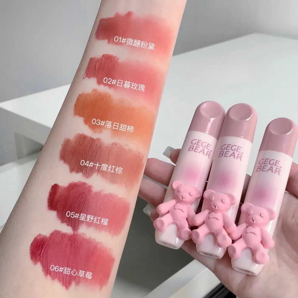 1Pc Pink Bears Lip Glaze Matte Velvet Lipstick Long-lasting Whitening Lip Cream Lip Mud Red Brown Velvet Liquid Lipstick Cartoon