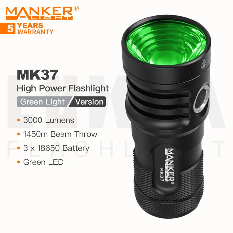 MANKER MK37 (Green Light Version) Rechargeable High Power LED Flashlight, 3000 Lumen 14500 Beam Thorw,18650 Battery,Self Defense