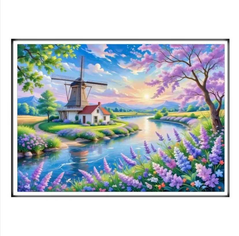 

9ct 65x80cm Лаванда от реки Вышивка DIY Печатный набор для вышивки крестом Набор для рукоделия Домашний декор Поделки с иглами