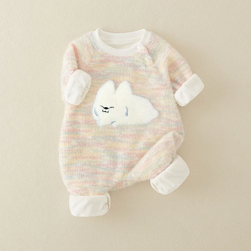 Baby autumn double-layer long-sleeved plush wool onesie full moon clothes cute baby Romper going out climbing clothes