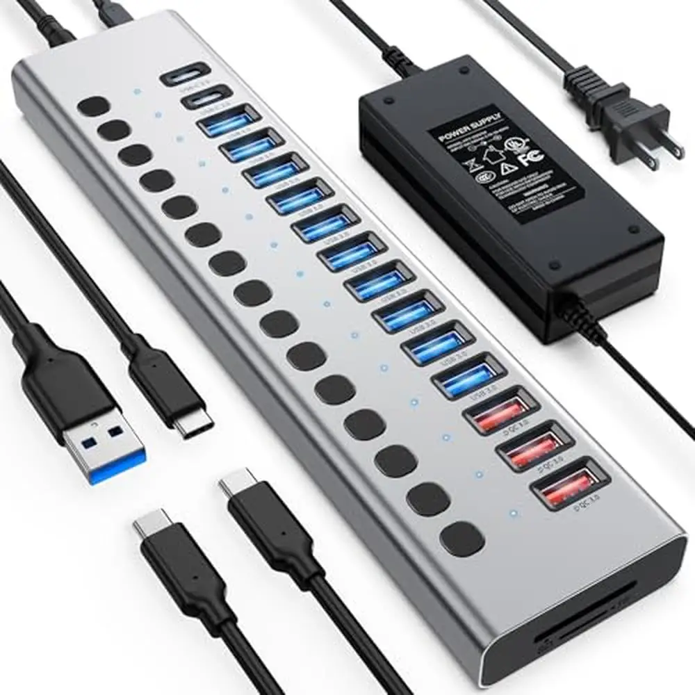 USB Hub 17-Port 90W Powered Fast Charging USB 3.0 Hub SD/TF Card Reader 10 USB 3.0 Ports 3 QC24W Ports 2 USB-C Ports Thunderbolt