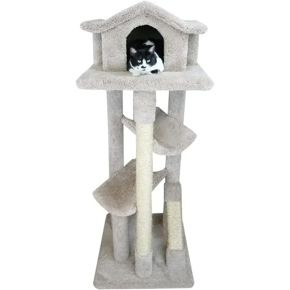 Large Cat Tree with Multiple Sturdy Levels, Scratching Posts, Beige - 24 x 24 x 67