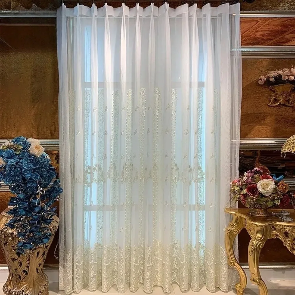 

French Romantic White Lace Curtains for Bedroom Living Room Embroidered with Pearls Partition Screen Window Door Decoration