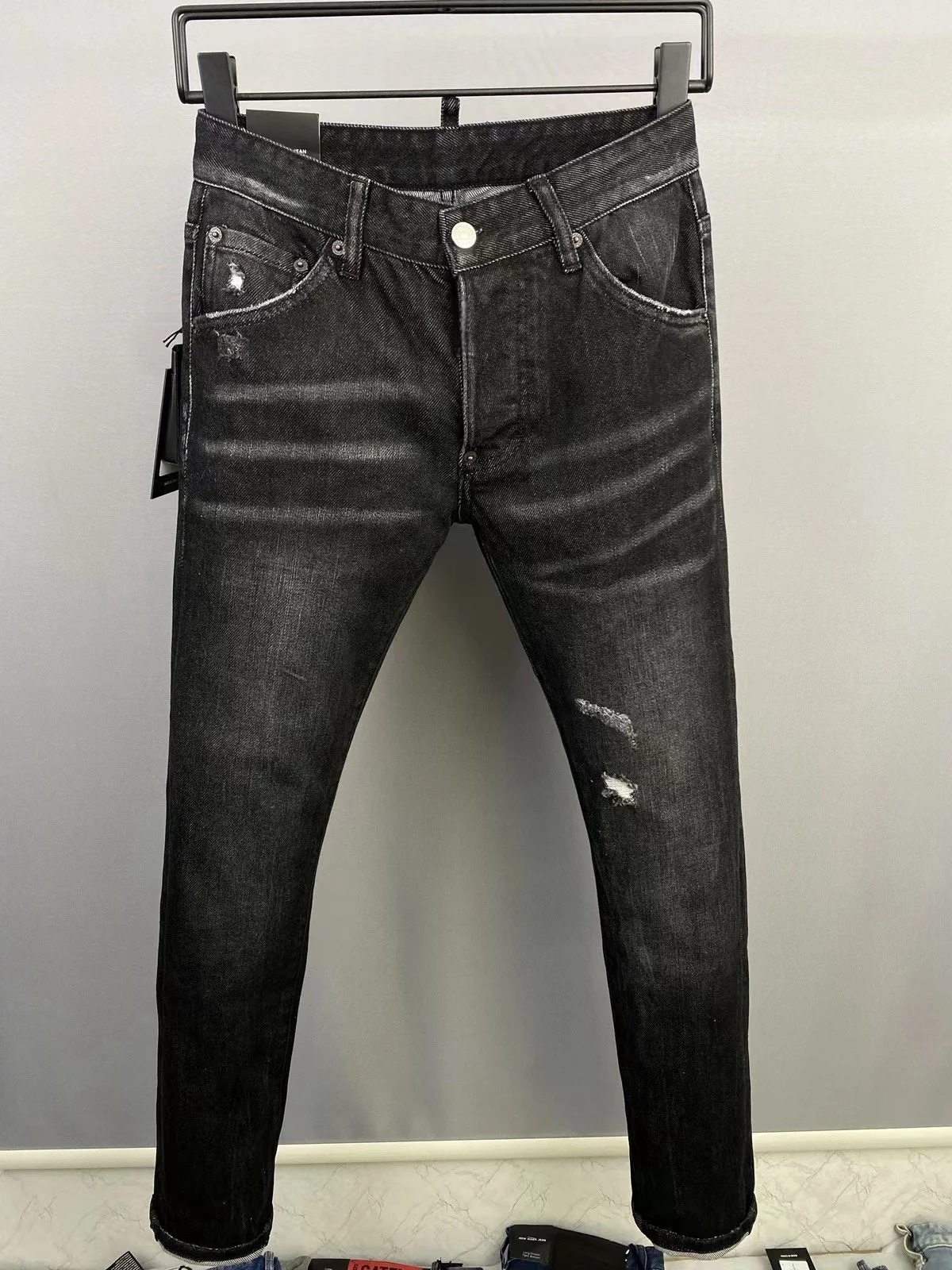 2024 new fashion brand ripped patch paint motorcycle jeans for men