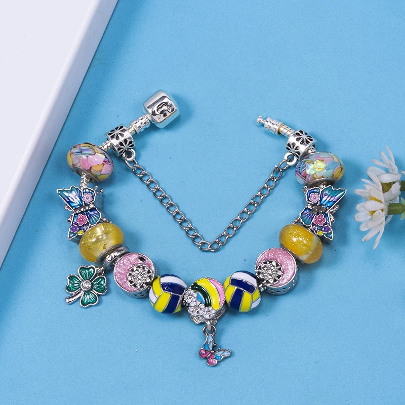 Fashion Spring Colored Butterflies Charm Bracelet With DIY Bead Pendant Bracelets For Women Jewelry Gift