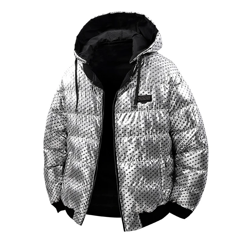 

Streetwear Bright Silver Puffer Jackets for Men Thicken Winter Men's Coats Casual Hooded Parkas Cotton Wadded Heated Jacket Men