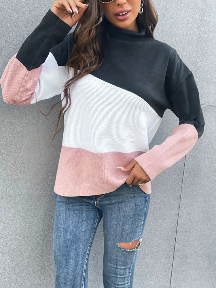 JIM & NORA Patchwork Colour Knitted Sweater Women Autumn Winter Casual High Neck Pullover Knit Top Woman Jumper Streetwear Femme