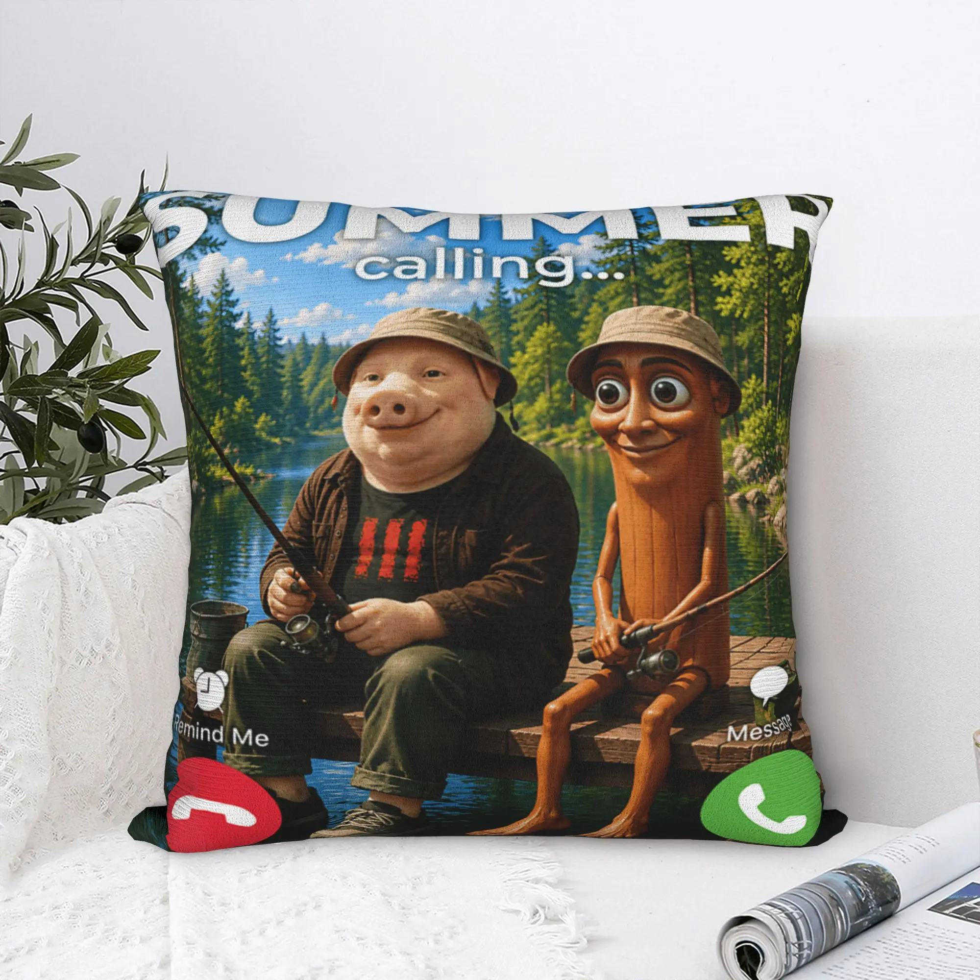 Lake Fishing Trip Buddy Tung Sahur John Pork Summer Calling Pillow Case  Retro Pillow Cover Soft Pillowcases For Sofa Couch Bed