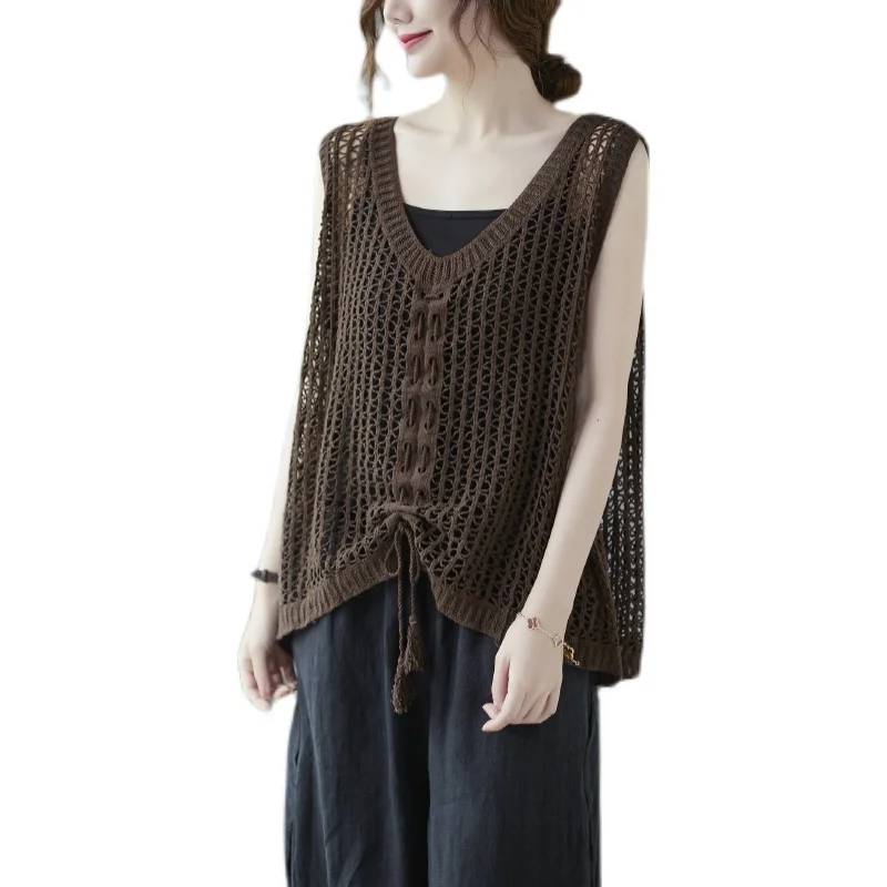 

Plus Size Summer Knitted Hollow out Vest Women's Loose Svel Cover up Top Vintage Dstring V-Ne Tank Cotton Artistic Sle
