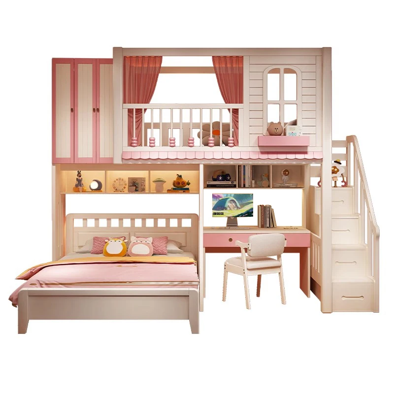 

Pure solid wood staggered upper and lower beds Small apartment girl princess bed Double bunk bed